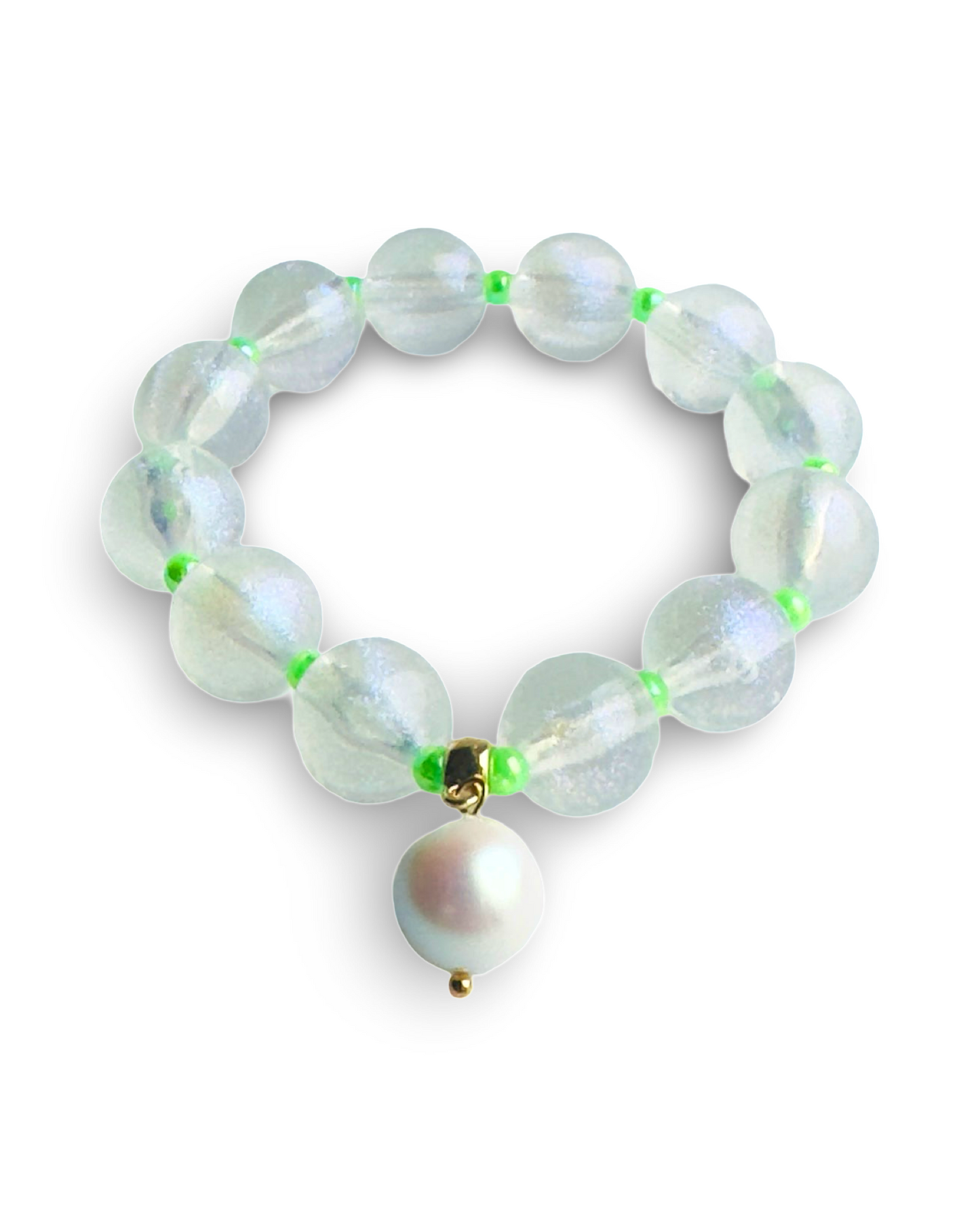 Pop icicle white + neon green beaded bracelet, white pearl charm