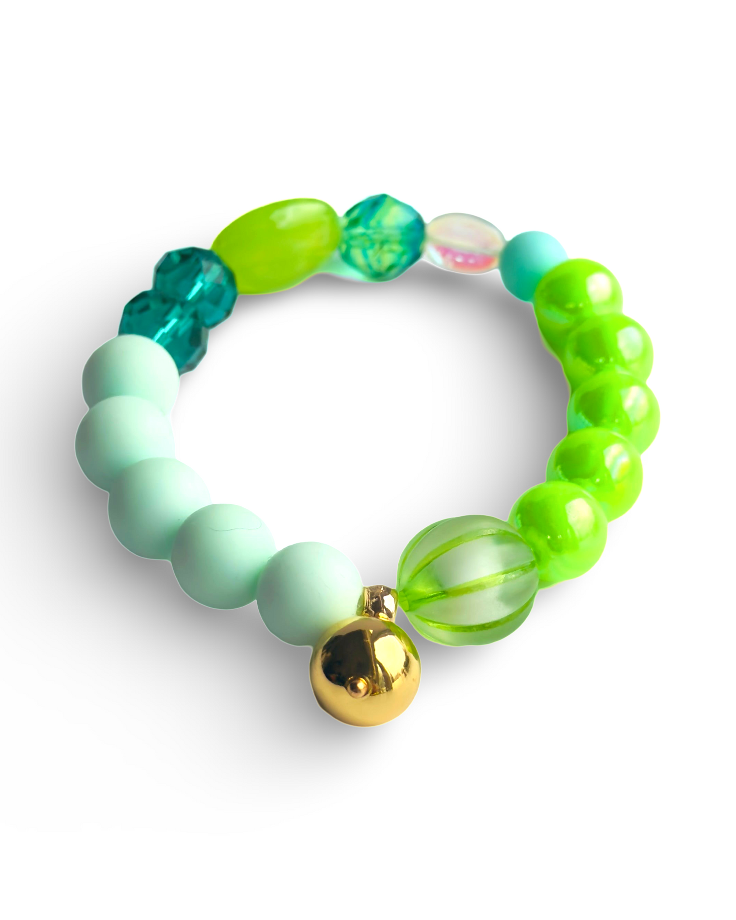 Key lime pie faded mint, green + lime beaded bracelet, gold charm