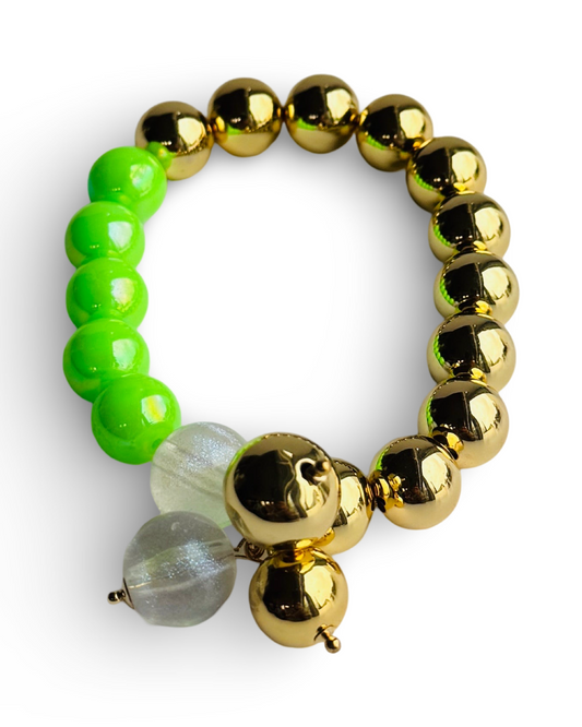 Bambi neon green + gold bearded bracelet, drop charms