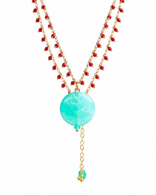 Symi red quartz + turquoise beaded necklace