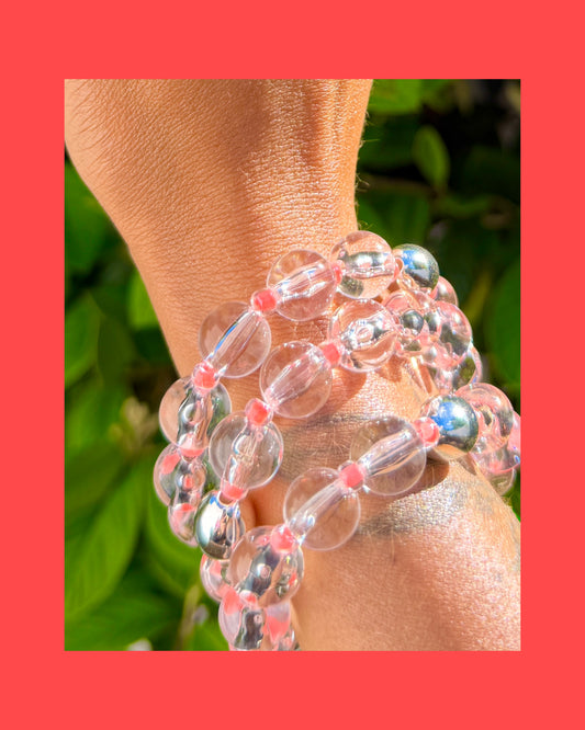 Watermelon Pop Clear + Silver Beaded Bracelet