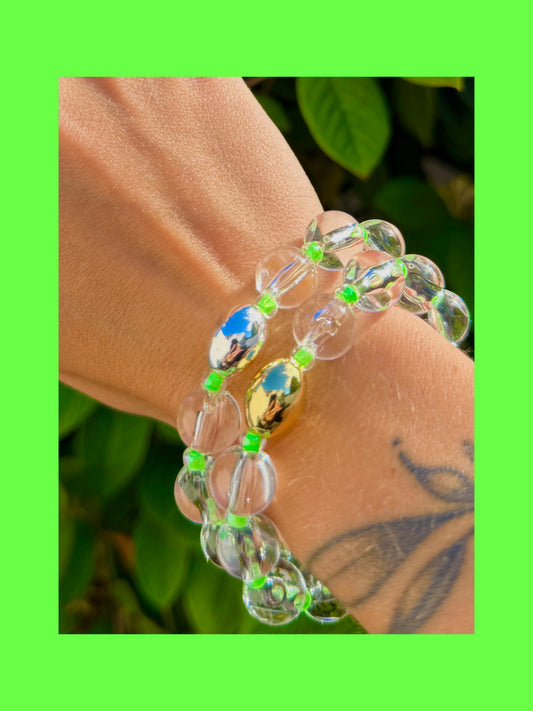Green Pop Clear + Silver Beaded Bracelet